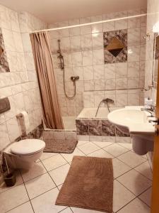 Un baño con inodoro, bañera y lavabo. en FeWo Haus 9, en Lahr 8 fotos más