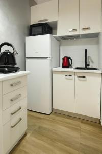 eine Küche mit weißen Schränken und einem weißen Kühlschrank in der Unterkunft Studio IKA Belgrade Airport Free Parking possible Self Check-In Terrace in Ledine