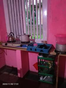 een roze keuken met een aanrecht met twee potten en pannen bij villa Harborend in Galle +27 foto's
