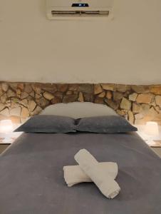 een bed met gips en twee kussens bij Casa Gêmeos in Cayru