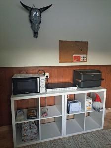ein weißer Schrank mit einer Mikrowelle darauf in der Unterkunft Hopeaniitty in Huittinen