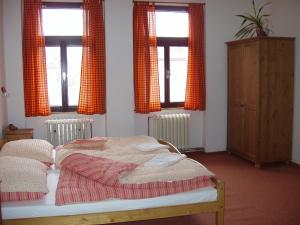ein Schlafzimmer mit zwei Betten und zwei Fenstern in der Unterkunft Penzion, apartmany Florian in Horní Blatná