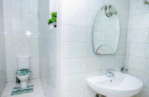 a bathroom with a sink and a mirror and a toilet at Muyenga guestroom in Kampala