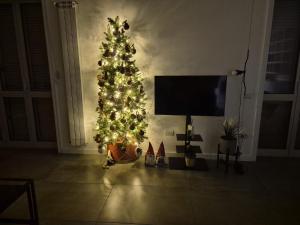 a christmas tree in a living room with a television at DomusPlevano in Nocera Inferiore