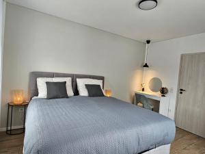 una camera da letto con un letto grande con due cuscini di Exklusive Wohnung im Herzen Ramsteins a Ramstein-Miesenbach