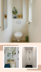 2 immagini di un bagno con servizi igienici e lavandino di Modernes Apartment nahe Ludwigsburg & Stuttgart Netflix Parkplatz Optimale Lage a Ludwigsburg