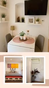 due foto di una camera con tavolo e TV di Modernes Apartment nahe Ludwigsburg & Stuttgart Netflix Parkplatz Optimale Lage a Ludwigsburg