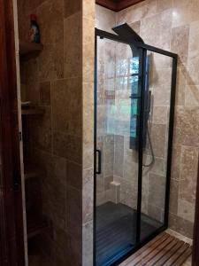 une douche avec une porte en verre dans une salle de bain dans l'établissement Le rêve au fil de l'eau, à Marmagne
