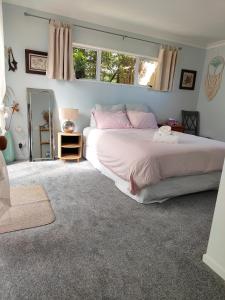 une chambre avec un grand lit et une fenêtre dans l'établissement Hillside Haven, à Whitianga