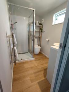 une salle de bain avec une douche en verre et un lavabo dans l'établissement Hillside Haven, à Whitianga