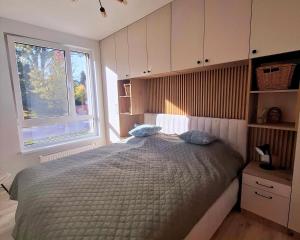 ein Schlafzimmer mit einem Bett und einem großen Fenster in der Unterkunft Sugar Apartment 41A in Trnava