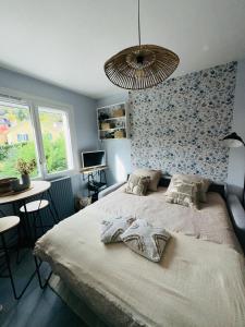 隆勒索涅La Chambre de Sophie - Studio et garage au calme, proche centre ville的卧室里有一张大床，墙壁是蓝色的