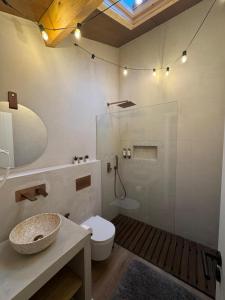 ein Badezimmer mit Waschbecken, Toilette und Spiegel in der Unterkunft Casas com Alma - O Palheiro - Gerês in Cabril