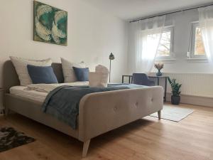 锡根Elegantes Zimmer in historischer Villa in Siegen-Eiserfeld的卧室里有一张大床，配有蓝色枕头