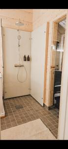 a room with a bathroom with a shower in it at Kataja Chalet with sauna and jacuzzi in Rovaniemi