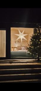 a christmas tree in front of a window with a star decoration at Kataja Chalet with sauna and jacuzzi in Rovaniemi