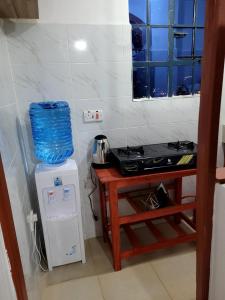 a small kitchen with a stove and a small refrigerator at Serene63 Studios Kenol,Muranga in Gitura +2 photos
