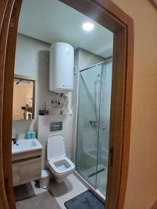 Aïn HarroudaCozy Studio Vue sur Piscine à Ocean Park Zenata City Eco的带淋浴、马桶和水槽的浴室