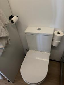 a white toilet in a bathroom with a roll of toilet paper at Casa Halcón in Jávea
