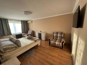 别列戈沃Panorama Spa Apartment的一间卧室，里面有一张床、一张沙发和一把椅子