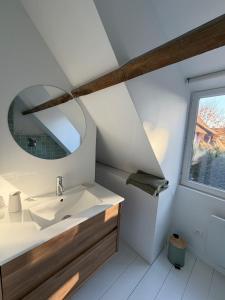 a bathroom with a sink and a mirror at Le426 Charmant T2 bis avec petite cour in Mouvaux