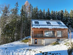 a brick house in the woods with snow on the ground at Z91 - Skandi-Architektenhaus mit Bergblick in Bad Mitterndorf