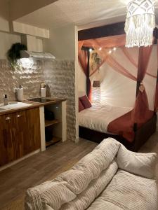 サン・ゴーダンスにあるAppartement Nid Bohème - Romantique et Cosyのベッドのある寝室とシンクのあるキッチン