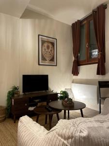 サン・ゴーダンスにあるAppartement Nid Bohème - Romantique et Cosyのソファとテレビのあるリビングルーム