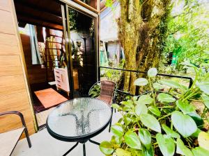 einen Glastisch und Stühle auf einem Balkon mit Pflanzen in der Unterkunft Guest House Pura Vida in Quepos