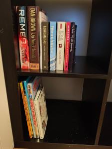 una libreria con un mucchio di libri sopra di Peaceful and spacious apartment with free parking a Kemi