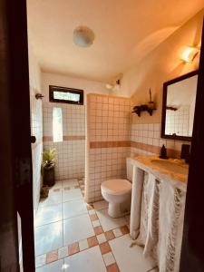 Ateliê Cultural Trancoso في ترانكوسو: حمام مع مرحاض ومغسلة