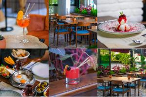 a collage of photos of a restaurant with food and drinks at Casativo Hotel in Antalya