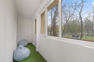 een lege kamer met twee zitzakken en een raam bij Stylish Blue Haven 1 BR Balcony Access in Boekarest