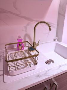 Un lavabo de baño con una botella de jabón en una cesta. en César Room - Appartement style grec 2-3 pers, parking, marché de Noël, en Obernai