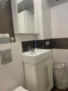 un bagno bianco con lavandino e WC di Spacious apartment with a beautiful view a Căuşeni Altre 3 foto