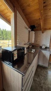a kitchen with a microwave on top of a counter at Departamento a las afueras para 4 in San Martín de los Andes