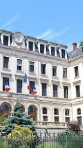 马孔Nuit Tendance Mâcon - Chambre cosy centre ville E的一座白色的大建筑,上面有时钟