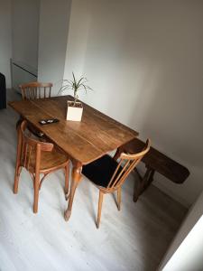 a wooden table with two chairs and a potted plant on it at Beau studio à 2mn de la mer et avec jardin in Bray-Dunes