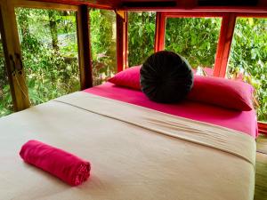 Una cama grande con almohadas rojas y rosas. en Guest House Pura Vida, en Quepos