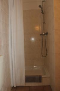 y baño con bañera y ducha con cortina de ducha. en Ferienwohnung Holunderweg, en Stromberg