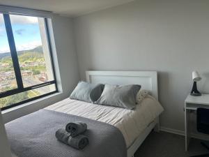 康塞普西翁Dpto Concepción Amoblado的卧室里有一张床，床上放着两条毛巾。