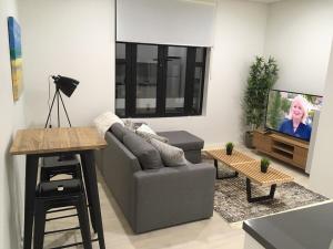 a living room with a couch and a tv at Hoffy's Place - Modern one bedroom with AC in Sydney