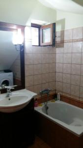 un bagno con lavandino e vasca da bagno di Gouvas stone house a Karpenision