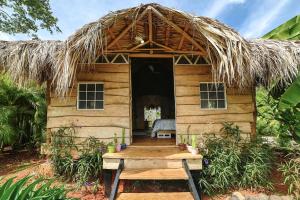 una piccola capanna con una panchina di fronte di Glamping Hotel Flor y Bambu a Playa Grande