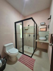 Un baño con ducha, inodoro y lavabo. en Quiet apartment on the second floor 3, en El Cuyo