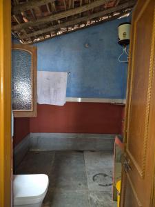 Kirti kewat Homestay في Maheshwar: حمام صغير به مرحاض وجدران حمراء وزرقاء +16 صورة