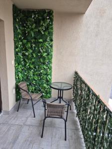 a table and two chairs and a green wall at studiou central in Târgu Jiu