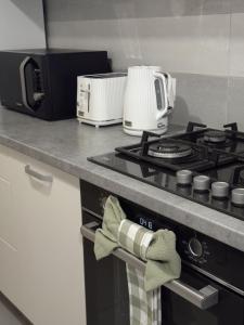 a kitchen with a stove and a toaster oven at Luxury Avantgarden apartament in Braşov +6 photos