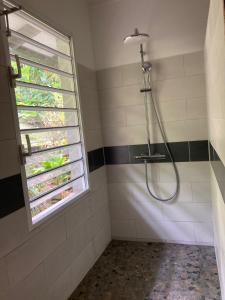 a shower in a bathroom with a window at Fare Panaipo in Uturoa