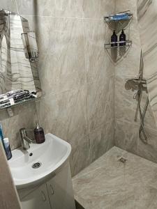 1 комнатные апартаменты في Pavlohrad: حمام مع دش ومغسلة ومرآة